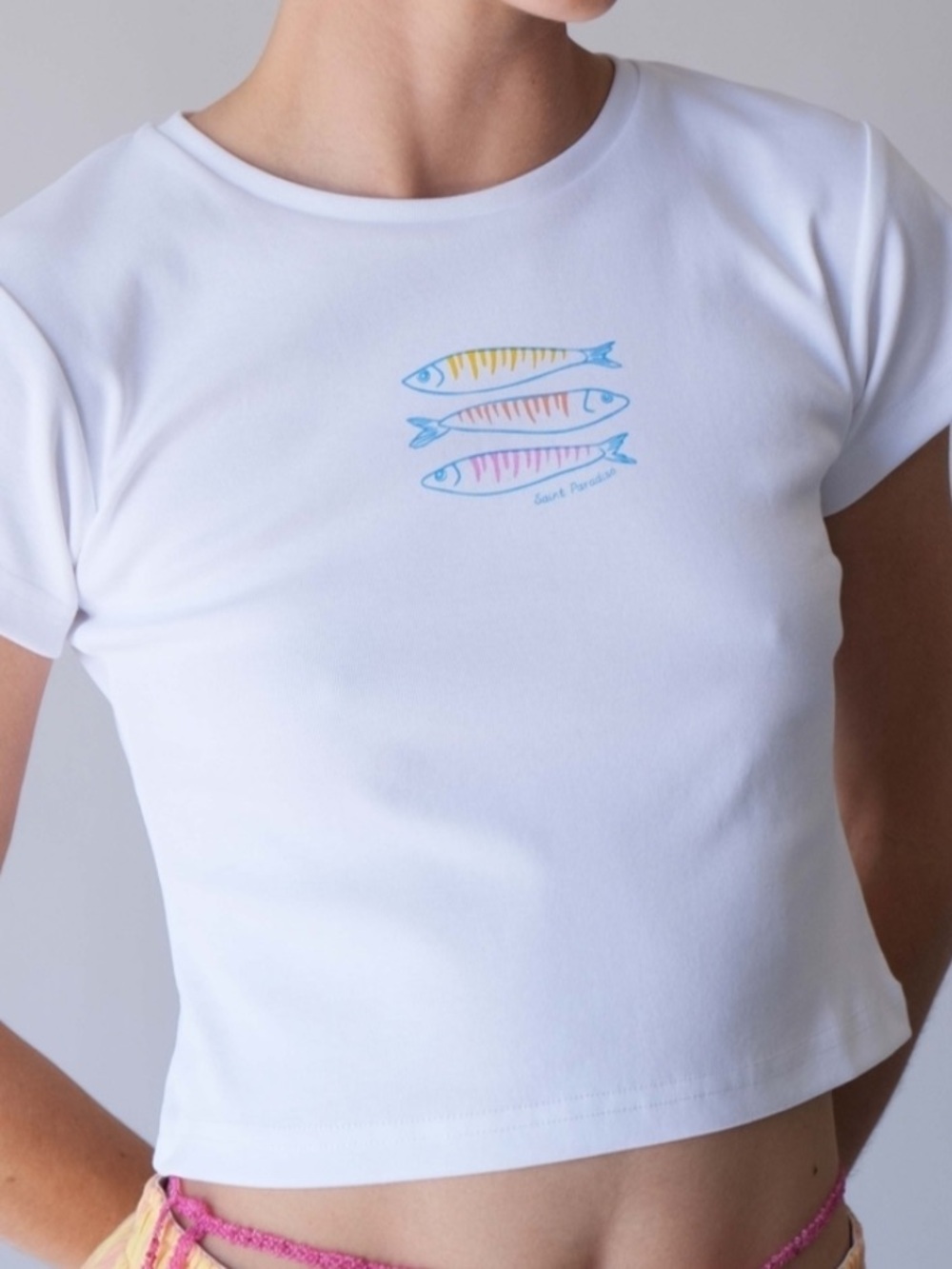 White Short-Sleeve Tee with Colorful Fish Print